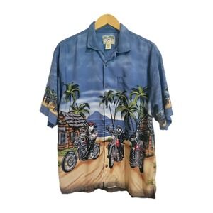 Big Dogs Blue Hawaiian Button-down Short Sleeve Shirt Beach Motorcycle Dogs Sz L